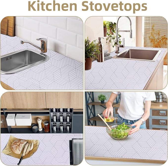 Shelf Liners for Kitchen Cabinets Non Adhesive Shelf Liner Paper Non-Slip Thickened Drawer Liner Easy to Clean for Tool Box Refrigerator with Knife and Tape Measure, Silver Geometric, 11.8 x 354.3 in