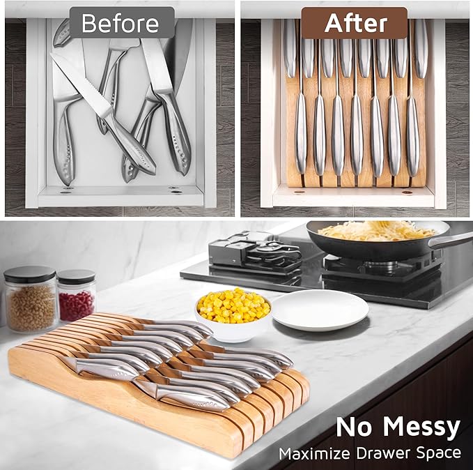WELLSTAR Wood In-Drawer Knife Storage Block Holder - Organizer for 15 Knives, Kitchen Drawer Insert with Secure Blade-Down Storage, Durable Tray for Long & Short Knives (Knives Not Included)