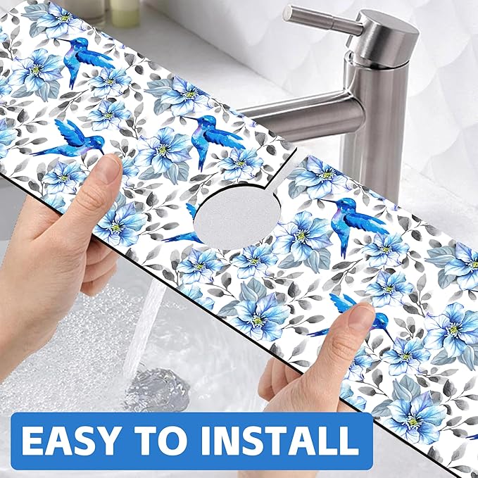 Kitchen Sink Splash Guard Faucet Mat Blue Floral and Hummingbird Absorbent Fast Drying Mat Faucet Draining Mat Sink Splash Guard Behind Faucet Drip Catcher for Kitchen Bathroom 24" X 5.5"