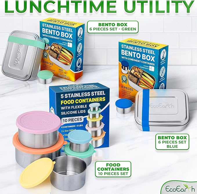 EcoEarth - Stainless Steel Food Storage Containers with Silicone Lids - Stackable Set of 5, Round Nesting Sizes - Meal Prep & Snack Lunch Box Supplies - Plastic Free, Airtight & Leakproof for Travel