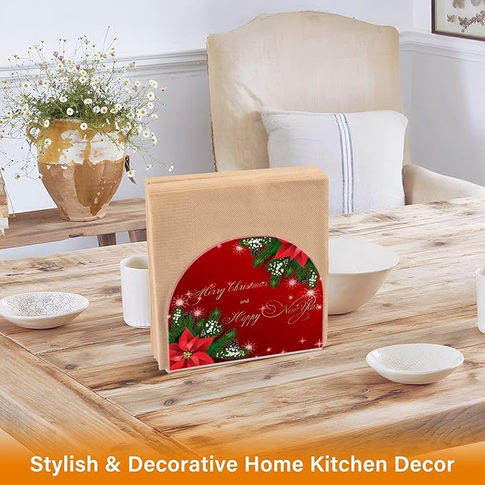 Christmas Fir Red Poinsettia Flowers Napkin Holder for Table Paper Napkins Holder Acrylic Tissue Dispenser Kitchen Dining Room Bathroom Party Car Decor