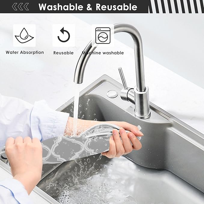 2 PCS Kitchen Sink Splash Guard 14.9 Inch Faucet Mat for Kitchen Sink Bathroom Sink Faucet Absorbing Drip Drain Mat Pad Microfiber Soft Washable Grey and Black Quatrefoil