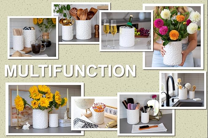 25DOL Large 7.3"+5.4" Engraved Ceramic Utensil Holder for Countertop, Cooking Utensils Organizer for Spatula, Large Utensils Crock for Kitchen Counter, Kitchen Decor, set of 2, White