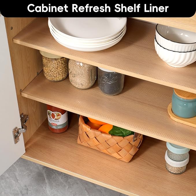 Shelf and Drawer Liner for Kitchen Cabinet，Non Adhesive Durable EVA Shelf Paper, Non Slip Waterproof Decorative Mats for Dresser Cupboard Refrigerator Bathroom Grip Shelves（Clear,17.5 in X 10 Ft ）