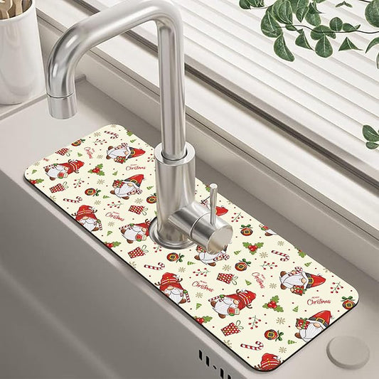 Christmas Santa Claus Kitchen Sink Splash Guard Mat Absorbent Fast Drying Mat Faucet Draining Mat Sink Splash Guard Behind Faucet Drip Catcher for Kitchen Bathroom 5.5"×15"