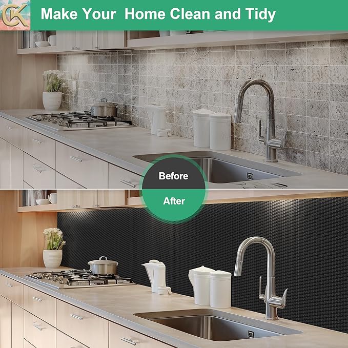 Self-Adhesive Shelf Liner Kitchen Liner, Waterproof Backed Paper Easy Peel and Stick Contact Liner Without Residue for Decor Your Desk Surface, Kitchen Countertops (Black, 17.5 x 393.7 inches)
