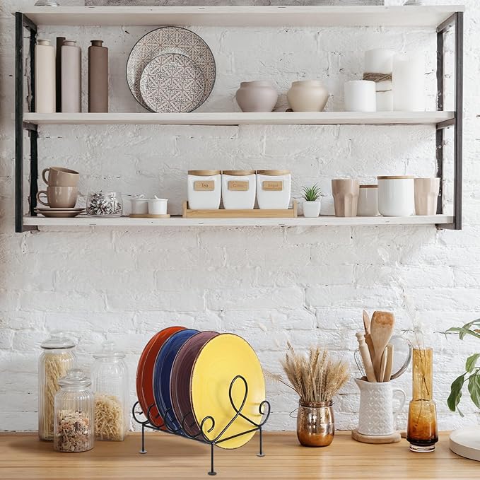 Tandefio 2 Pcs Plate Rack 4 Place Plate Holder Multiple Plates Display Stands 4 Tier Metal Dinnerware Display Stand China Platters Vertical Racks Setting for Cabinet Kitchenware Storage Organizer