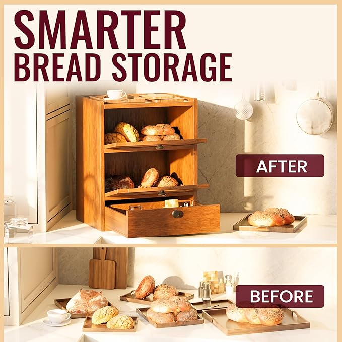 Bread Box for Kitchen Countertop, 3 Layer Farmhouse Countertop Bread Storage with Magnetic Closure Window Bread Storage Container Bin for Kitchen, Pantry (Brown)