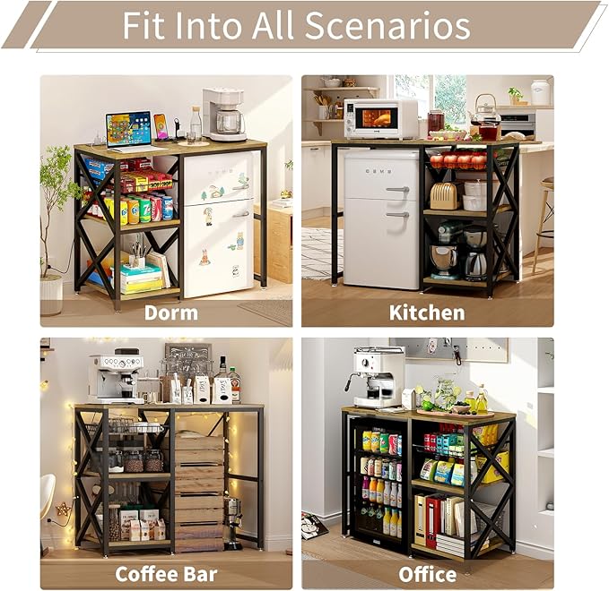 Kitchen Bakers Rack with Power Outlet,Mini Fridge Cabinet with Mesh Basket, Mini Fridge and Microwave Table with Storage for Office,Kitchen,Living Room,Coffee Bar,Patio,Brown