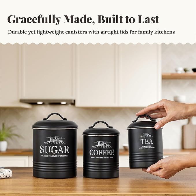 Kitchen Canisters for Countertop – 3-Piece Airtight Kitchen Canister Set – Sugar Coffee Tea Containers for Kitchen Counter – Matte Black Finish