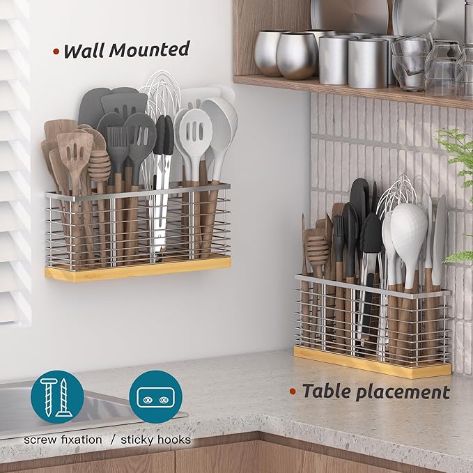 Suli Extra Large Kitchen Utensil Holder with 4 Compartments，Silvery Metal holder for Kitchen Countertop，Farmhouse Cooking Utensil Storage, Rustic Cooking Utensil