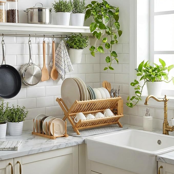 6 Pcs Kitchen Organizer Accessories Set 2 Tier Bamboo Collapsible Dish Drying Rack with Utensil Holder Dish Drying Plate Rack and Mat for Cabinet Pot Lid, Bowl, Cup, Chopsticks, Utensils