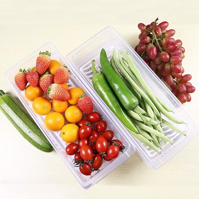 Yiautao Food Storage Container, Plastic Food Containers with Removable Drain Plate and Lid, Stackable Portable Freezer Storage Containers - Tray to Keep Fruits, Vegetables, Meat and More (4,Small)