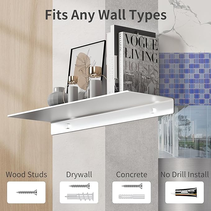 Danpoo Adhesive Floating Shelves for Wall Storage, Metal Wall Shelves for Living Room, Bathroom, Kitchen, 16” Display Shelves for Collectibles(Silver, 2 PCS)