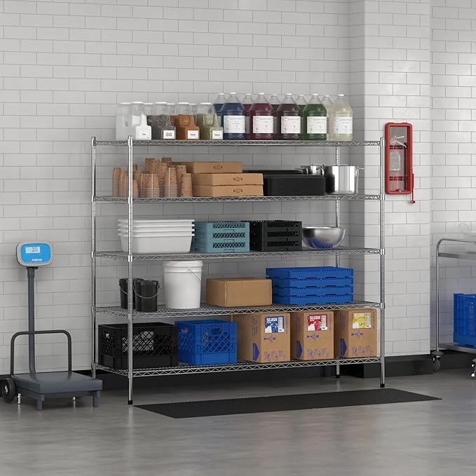 Commercial NSF Listed Chrome Stationary Wire Shelving Kit 24" x 72" x 64", with 5 Shelves Perfect for Warehouse, Walk-in Refrigerator, Freezer, Grocery Store, Restaurant, Dishroom