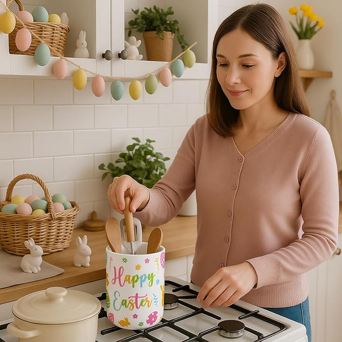 Qinyoung 6.3'' Easter Ceramic Utensil Holder Kitchen Decoration Colorful Spring Egg Bunny Utensil Holder Ceramic Utensils Crock for Rustic Farmhouse Indoor Kitchen Decorations