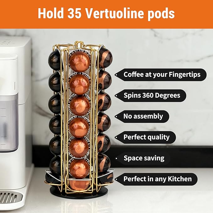 35 Coffee Pods Holder - Golden - 360° Spinning Coffee Pod Carousel Stand | Holds 35 Capsules | Compact Countertop Organizer with Silent Rotation, Durable & Modern