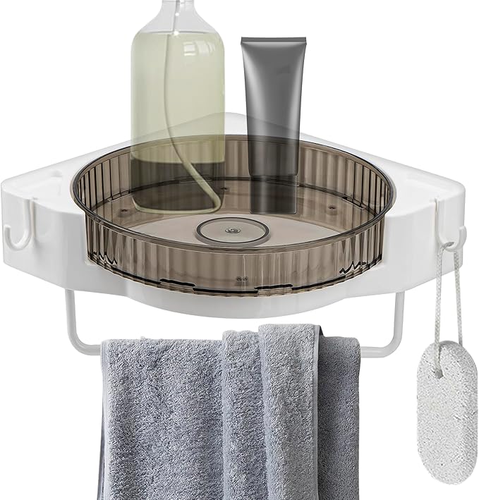 360° Rotating Corner Shower Caddy, No Drill Adhesive Turntable Shelf, Spinning Bathroom Organizer Rack with Towel Bar & Hooks for Shampoo Makeup Kitchen Spice (Grey)