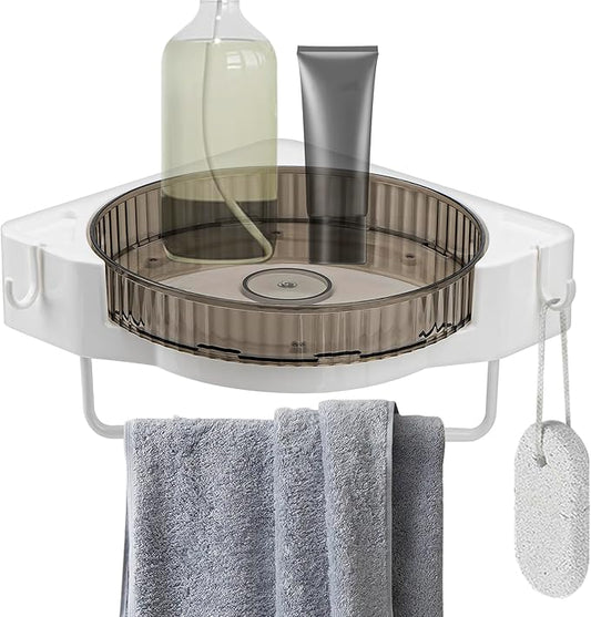 360° Rotating Corner Shower Caddy, No Drill Adhesive Turntable Shelf, Spinning Bathroom Organizer Rack with Towel Bar & Hooks for Shampoo Makeup Kitchen Spice (Grey)