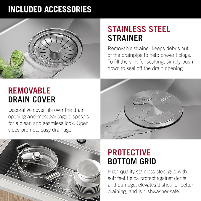 DELTA FAUCET Rivet 25-Inch Workstation Kitchen Sink Drop-In Top Mount 16 Gauge Stainless Steel Single Bowl with WorkFlow Ledge and Chef’s Kit of 5 Accessories, 95A931-25S-SS