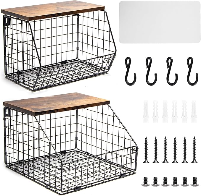 Kitchen Storage Baskets Fruit and Vegetable Baskets for Kitchen Countertop, 2 Sets Wire Wall Fruit Basket, 2 Tiered Hanging Produce Onion Potato Storage Snack Door Pantry Organizer