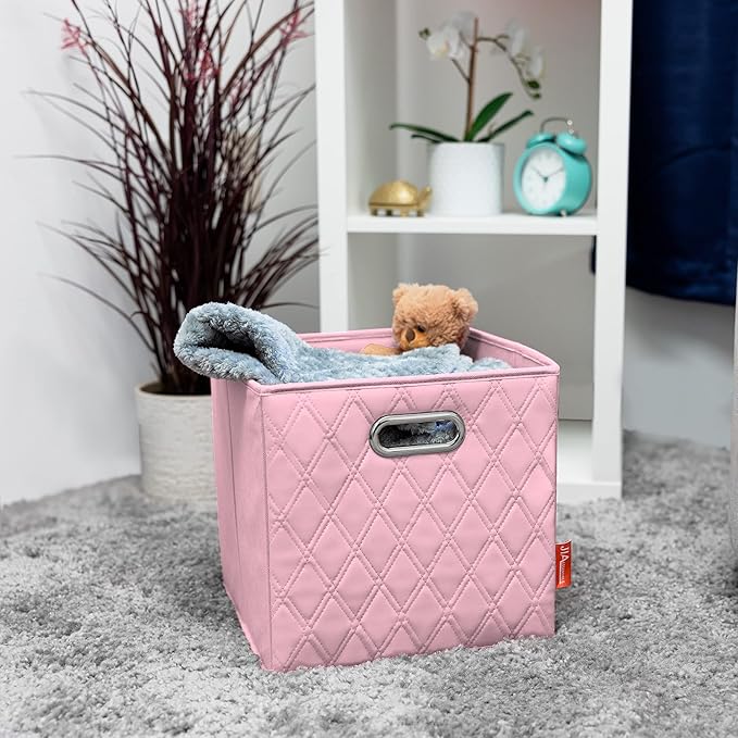 FH Group JIAessentials 11" Faux Leather Foldable Storage Cube Bins Set of 2 – Pink Diamond Patterned Organizers with Handles for Closet & Shelves