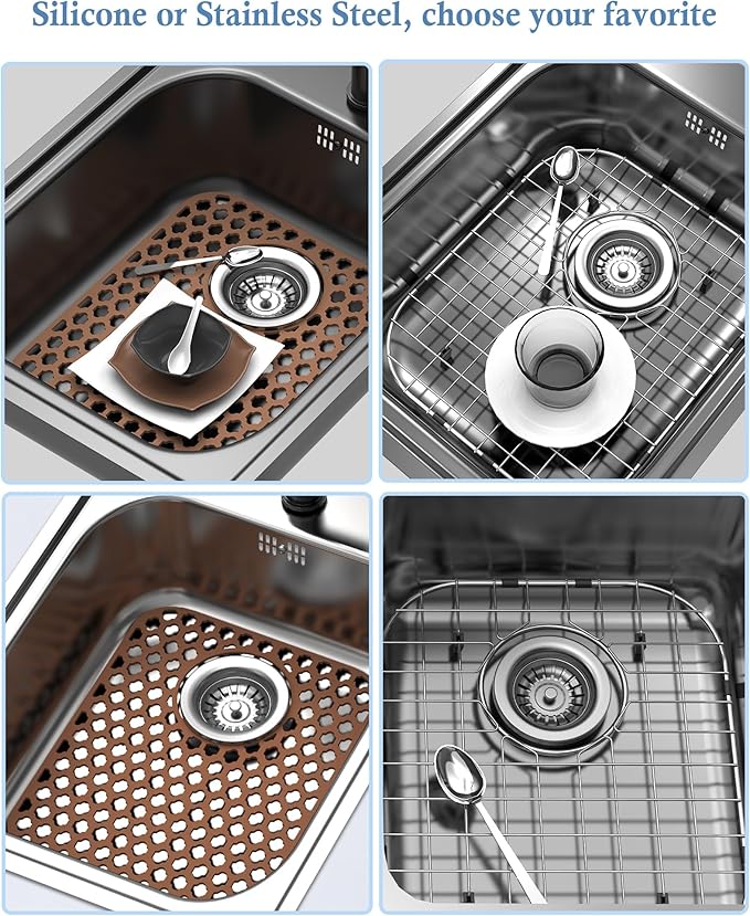 BEHOK 2 Pack Silicone Sink Protector for Kitchen Sink Bathroom, 13.58" x 11.6" Heat-resistant Sink Mat Non-Slip and Durable Silicone Protectors, Rear Drain, Coffee