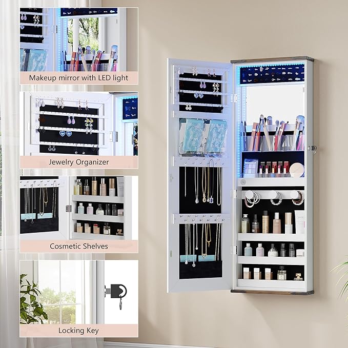 43.5" Over the Door Jewelry Organizer, Mirror with Storage and Lockable, Full Length Mirror Cabinet with Hanging Holder & Built-in Lights Makeup Mirror, Women/Girls (Elegant White)