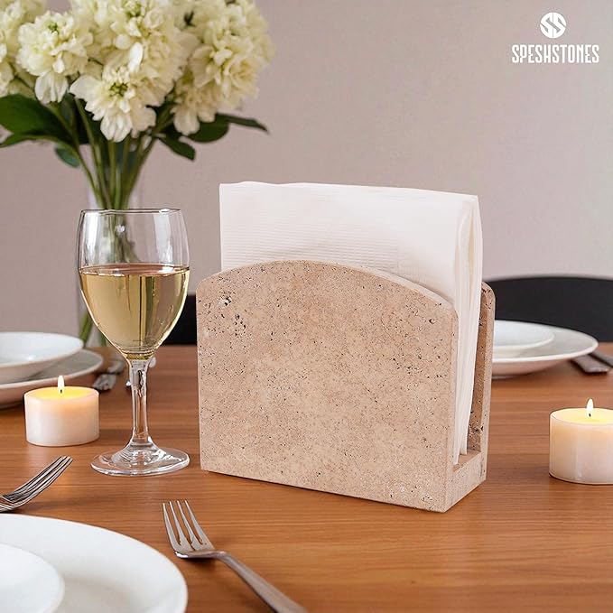 Marble Napkin Holder for Table 6.5 Inch Handmade Travertine Decorative Cocktail Napkins & Tissue Paper Holders for Modern Farmhouse Decor, Bathroom Accessories, Home, Kitchen and Dining