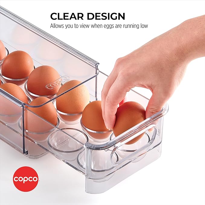 Copco Egg Storage Drawer with Removable Lid and Flat Top For Stacking and Space Saving, Holds 14 Medium, Large, XL, or Jumbo Eggs, Handle for Easy Transport, Clear