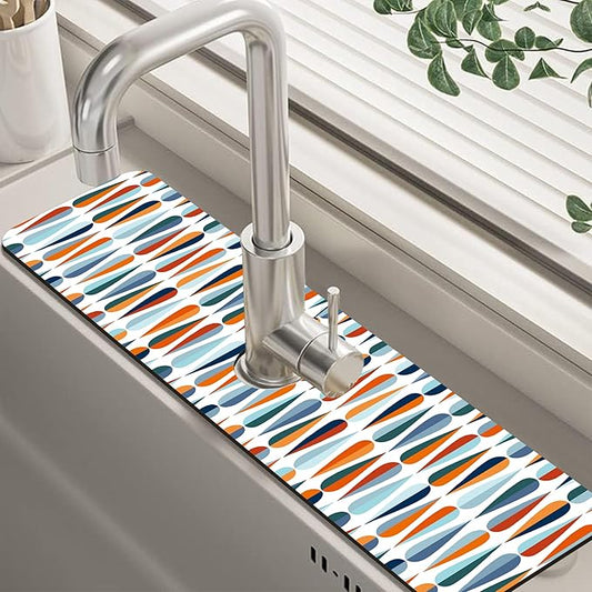 Mid-Century Drop Shapes Kitchen Sink Splash Guard Mat Absorbent Fast Drying Mat Faucet Draining Mat Sink Splash Guard Behind Faucet Drip Catcher for Kitchen Bathroom 5.5"×24"