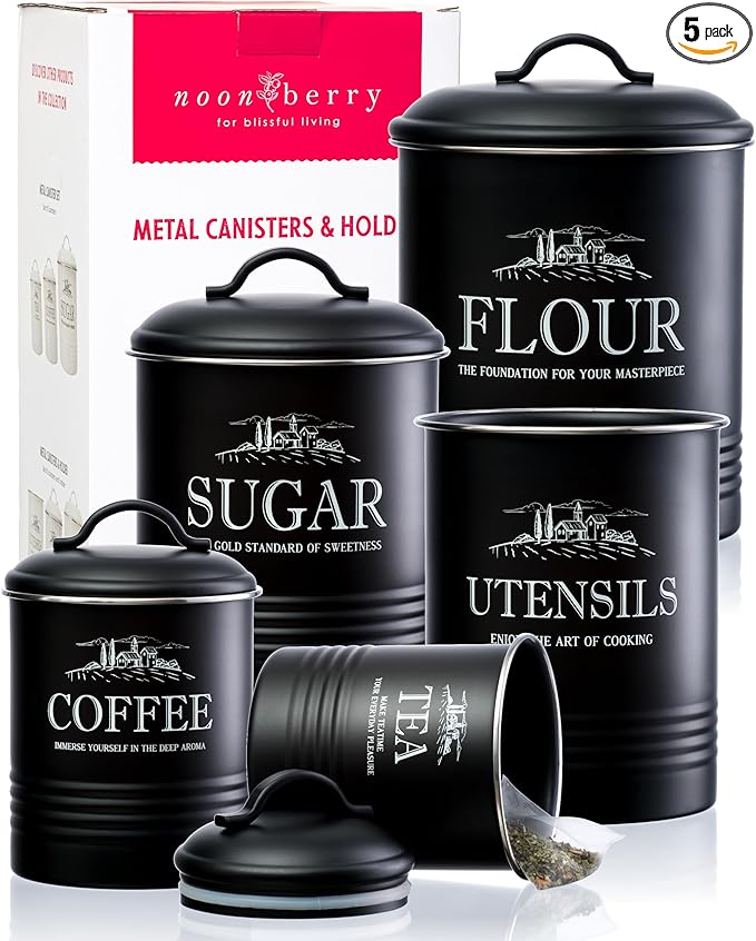 Kitchen Canisters for Countertop – 5-Piece Airtight Canister Sets for the Kitchen Counter with Utensil Holder – Flour Sugar Coffee Tea Containers – Matte Black Finish