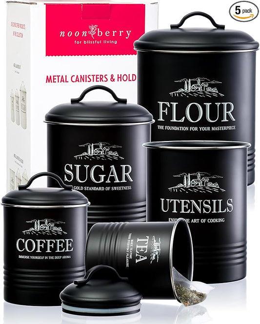 Kitchen Canisters for Countertop – 5-Piece Airtight Canister Sets for the Kitchen Counter with Utensil Holder – Flour Sugar Coffee Tea Containers – Matte Black Finish