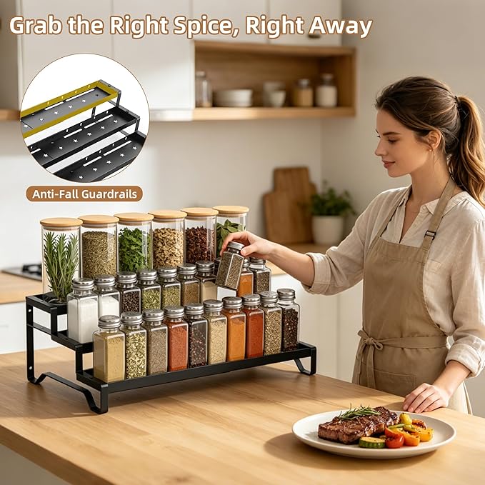 Expandable Spice Rack Organizer for Cabinet 3 Tiered Metal Seasoning Organization with Guardrails Spice Shelf Storage for Jars Adjustable Length 13"-21" Black 1Pack