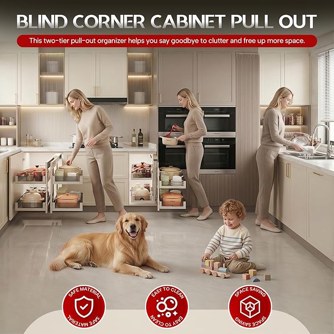 Blind Corner Cabinet Pull Out Organizer, Heavy-Duty Magic Corner Shelves with Soft Close, 2-Tier Full Extension Baskets for 13",14.1",15.3",16.9" Kitchen Cabinets, Left & Right Compatible