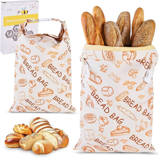 2Pack Reusable Bread Bags for Homemade Bread Organic Beeswax Cotton Bag -Fresh KeepingSourdough Storage Bag Thicker Organic Beeswax 17x12in Food Storage with Snap Closure（Yellow Pattern）
