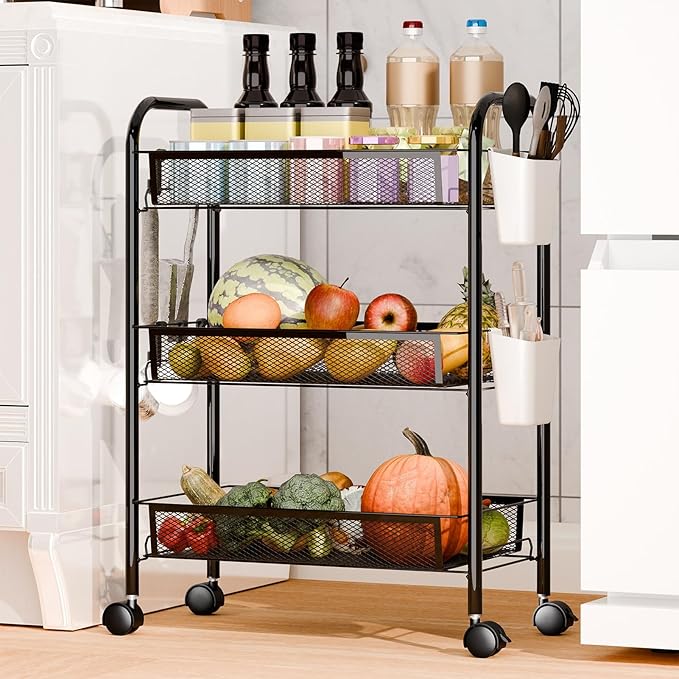 5-Tier Slim Rolling Cart with Wheels, Stackable Narrow Storage Trolley, Mesh Basket Kitchen Utility Cart, Fruit Vegetable Organiser for Pantry, Laundry, Bathroom, Easy Assembly Black 3-Layers
