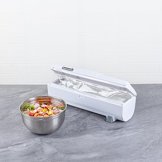 Restaurantware-Chef 101 Food Wrap Dispenser with Cutter, 1 Refillable Cling Wrap Dispenser - Fits 12â€ to 18â€ x 2000â€™ Rolls, Press Down and Cut, White Plastic Aluminum Foil, Sharp Blade