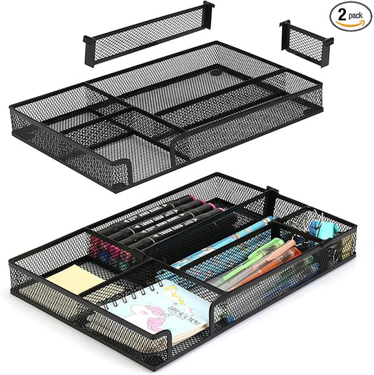 Desk Drawer Organizer Tray, 4 to 6 Grid Drawer Divider with 2 Adjustable Compartments, Metal Mesh Desk Organizer for Stationery Makeup Kitchen Toolroom School &Office, 12.6x8.26x1.57 in, 2 PCS