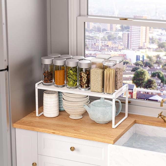 SANNO Expandable Kitchen Shelf Organizers, Cabinet Cupboard Storage Rack,Stackable Counter Shelf Organizer Space Riser Pantry Cupboard Storage Rack, White, 2 pack