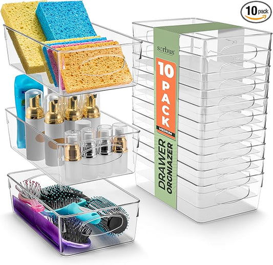 Sorbus Medium Clear Plastic Storage Bins for Organizing, 10 Pack Clear Organizer Bins with Handles Plastic Storage Bins for Closet, Pantry, Fridge, Medicine Cabinet Organizer, Shelves, Freezer, Drawer