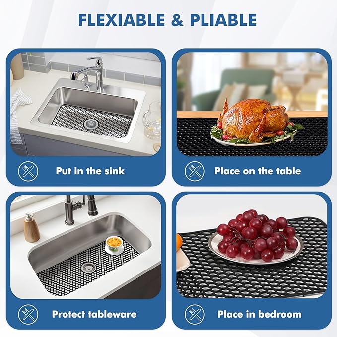 Bestjing Silicone Sink Mat - 24.8''x13'' Sink Protector for Kitchen Sink with Center Drain - Kitchen Grid Accessory, Non-slip Heat Resistant Mat for Bottom of Farmhouse Stainless Steel (Center Hole)