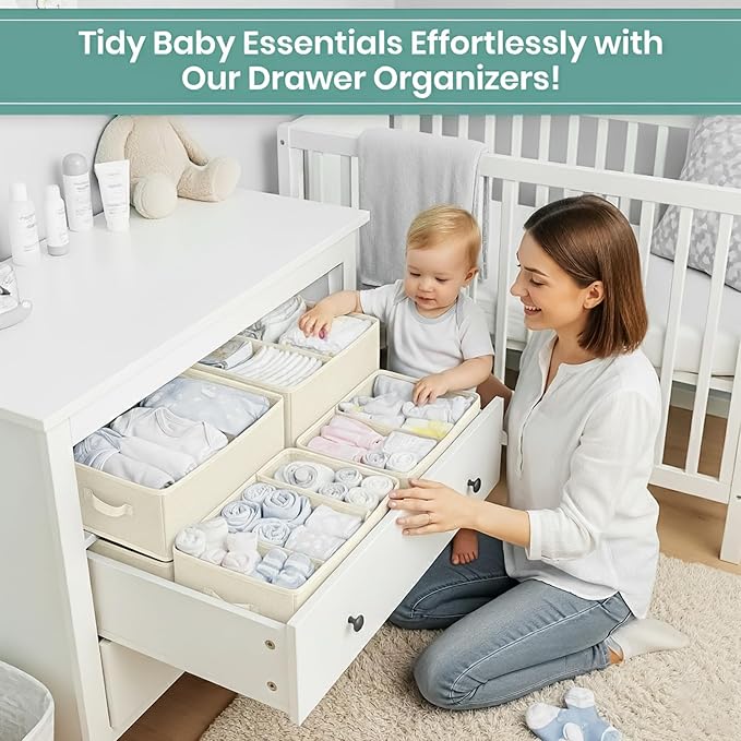 RFAQK Drawer Organizer Clothes-Dresser Organizer Bins for Baby Cloth-Organization and Storage for Underwear Bra Socks-Foldable Fabric Closet Divider for Bedroom, Nursery Essentials (Beige, 10 Pack)