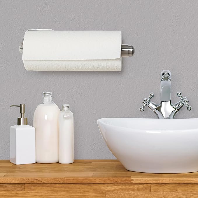 Kamenstein Perfect Tear Wall Mount Paper Towel Holder, Patented Design for One-Handed Use, Rounded Finial, 14-Inch, Brushed Silver Metal Finish