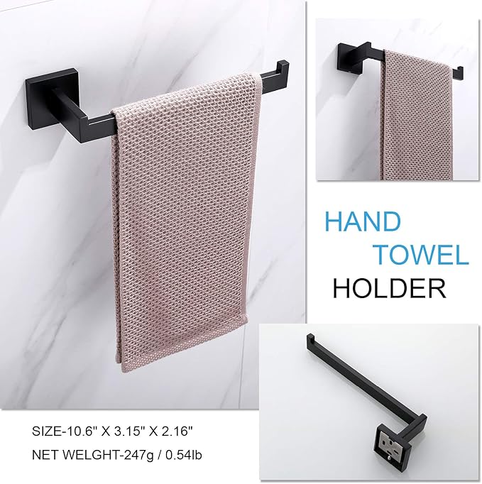TASTOS 5-Pieces Matte Black Bathroom Hardware Set, Premium Stainless Steel Square Wall Mounted-Includes 23.6 Inch Towel Bar, Toilet Paper TP Holder, 9 Inch Towel Holder, 2 Robe Towel Hooks