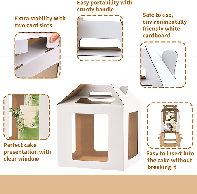 XININSUN Tall Cake Boxes for Tier Cakes 14x14x14 Inch Tall Cake Carrier with 6 Windows,Large Tierd Cake Take Out Transport Containers with Handle for Wedding, Birthday, Party-2Pack
