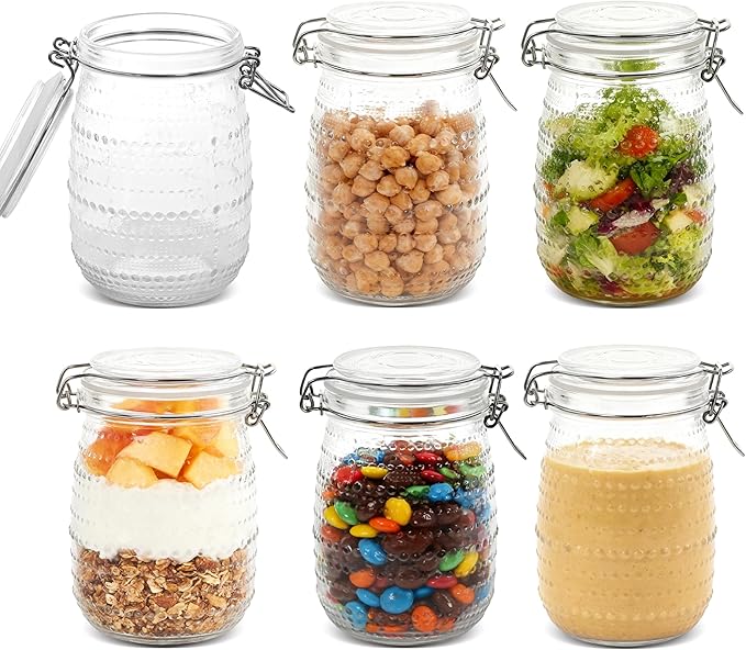 32 oz 6Pack Glass Mason Jars with Airtight Clip-Top Lids, Wide Mouth Reusable Glass Canning Storage Containers Jars for Kitchen, Jams, Pickling, Coffee Beans & Meal Prep (32 oz)