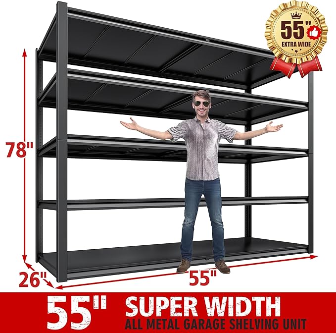 REIBII Garage Shelving 78" H, Garage Storage Shelves Heavy Duty Shelving Unit Load 3000LBS, 5 Tier Adjustable Metal Shelves for Warehouse, Basement, Pantry, Factory, 55" W x 26" D x 78" H