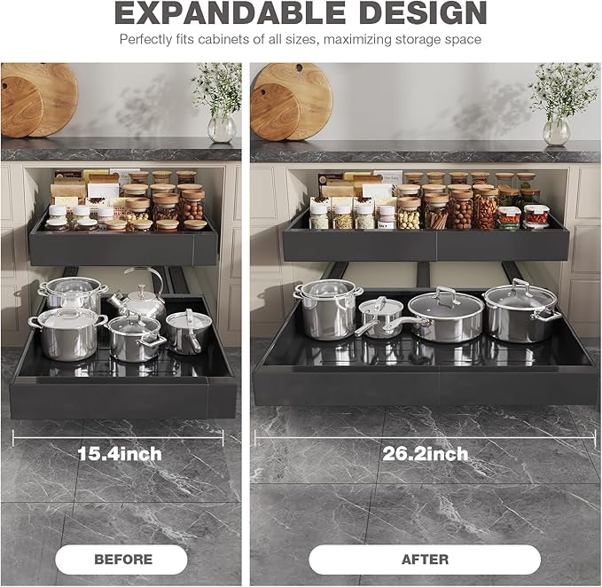 4 Pack Pull Out Cabinet Organizer 21" Deep,Full Extension 3 Slide Rails Slide Out Drawers With Raising Pad for Framed Cabinets,Expandable Width (15.4"-26.2"),No Drill Roll Out Shelves,Black