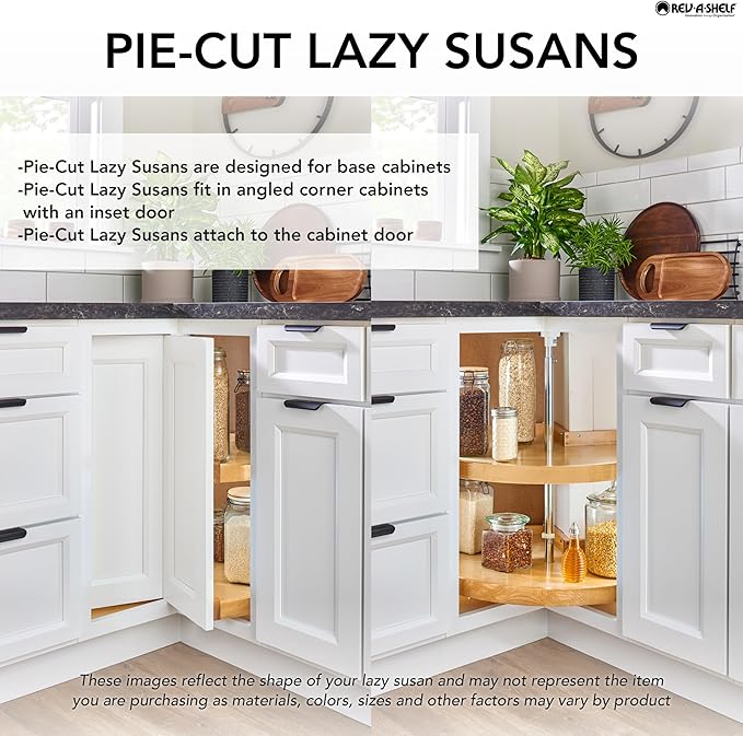 Rev-A-Shelf 24" Dual Tier Pie-Cut Lazy Susan Organizer for Base Corner Kitchen Cabinets, Two Plastic Home Storage Shelves, Almond, LD-2942-24-15-1